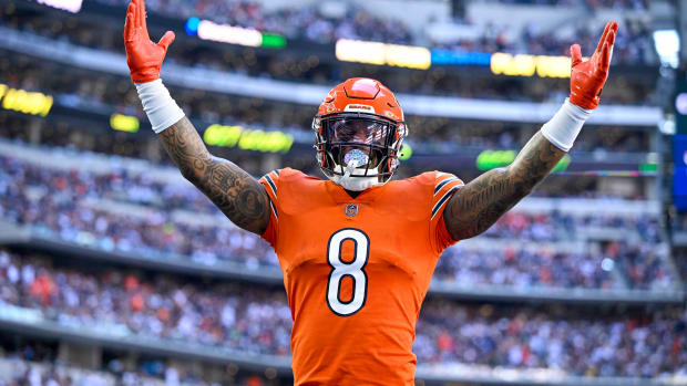 N'Keal Harry celebrates a touchdown for the Bears in Oct. 2022.